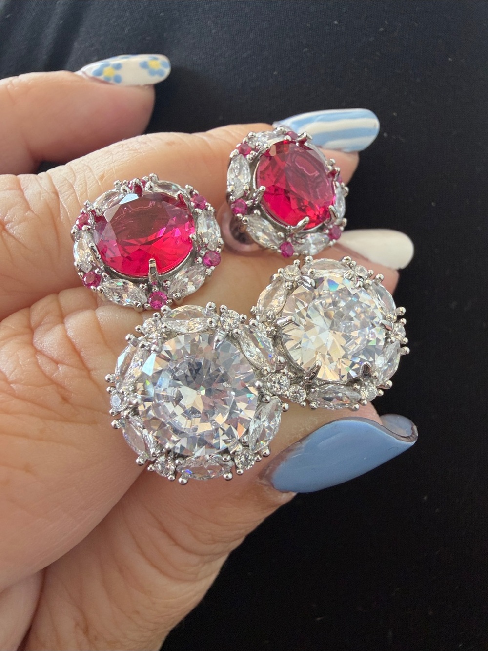 2 Pair Elegant Crystal Cluster Stud Earrings - Clear and Ruby Options